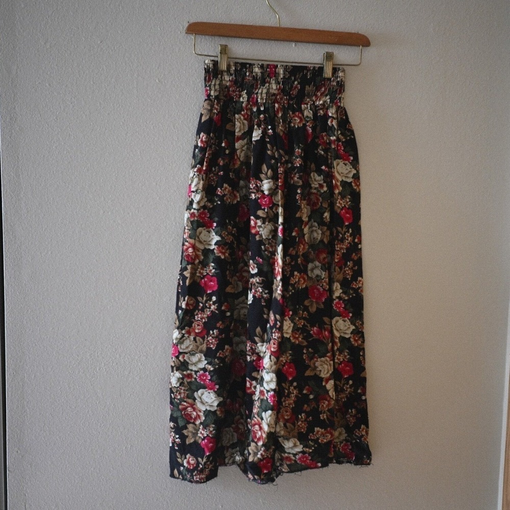 Black Floral Rayon Midi Skirt Smocked Waist Boho Cottagecore Women XS